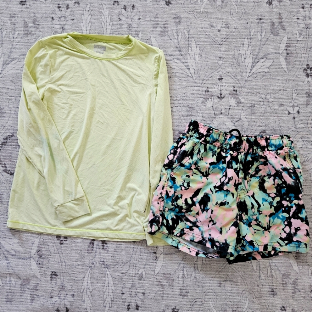 Boys lime green, black, pink swim trunks and rashguard set size 8.